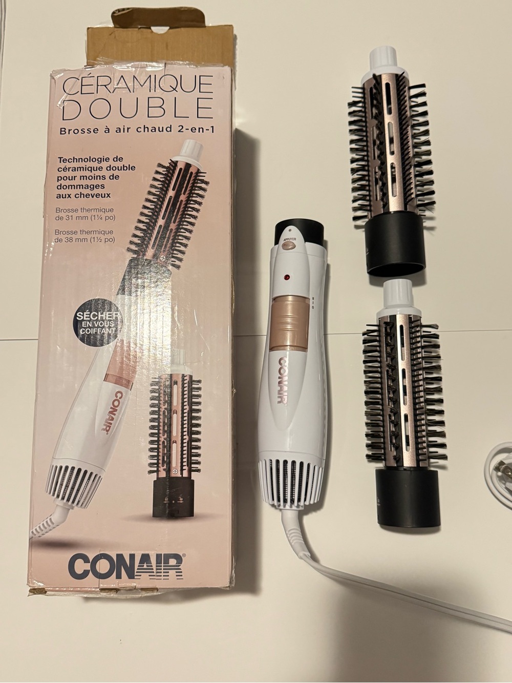 New - Conair Ceramique Double 2-in-1 Hot Air Brush - White & Rose Gold